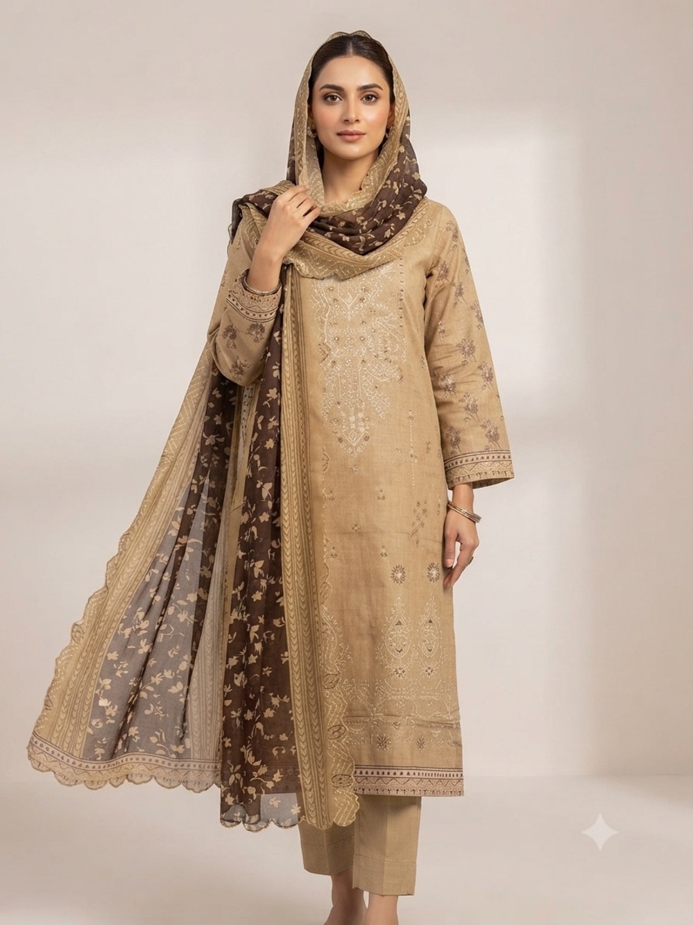 Embroidered Beige and Brown Lawn Suit with Printed Duptta XL Size